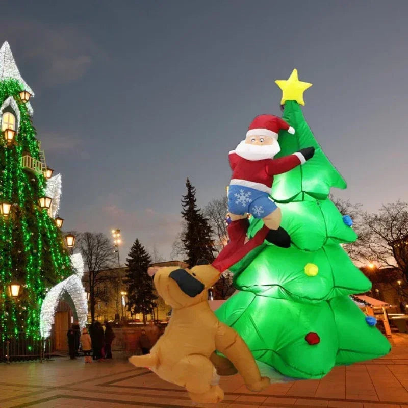 1.8m Inflatable Dog Chasing Santa Claus on a Christmas Tree – Fun LED-Lit Holiday Decoration