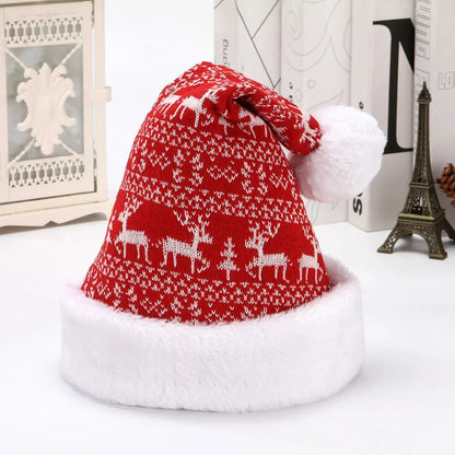 Snowflake & Elk Knitted Velvet Christmas Hat – Winter Thicken Hat for Adults