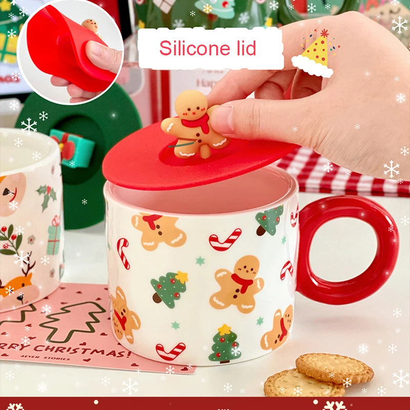 400ml Kawaii Christmas Ceramic Mug with 3D Lid – Cute Coffee, Tea, & Milk Cup