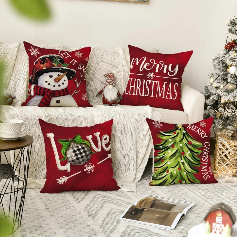 Merry Christmas Snowman Red Pillow Set – Christmas Tree Holiday Cushions for Sofa Décor (4-Piece Set)