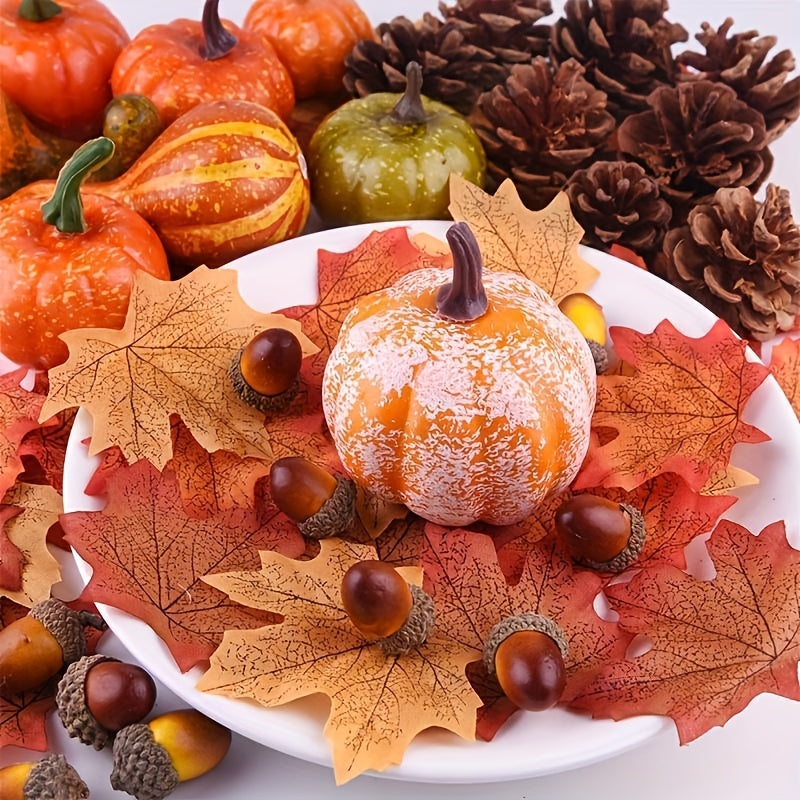 50-Piece Autumn Harvest Decor Set – Mini Faux Pumpkins, Gourds, Maple Leaves & Berries for Thanksgiving & Halloween