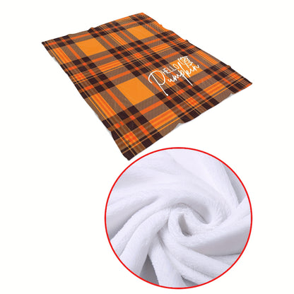 Contemporary Flannel Throw Blanket – Orange Plaid & "Hello Pumpkin" Print, Cozy All-Season Comfort