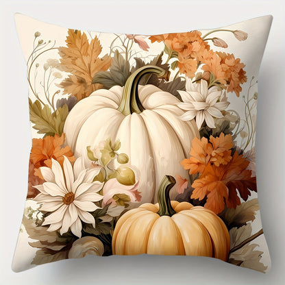 4PCS Autumn Harvest Pumpkin Floral Pillow Covers – Soft Polyester, 18x18" with Zipper Closure