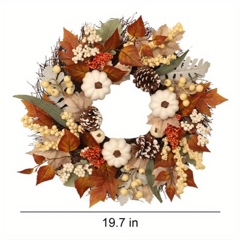 19in Fall Wreath with Pumpkins, Maple Leaves & Acorns - Thanksgiving & Halloween Décor