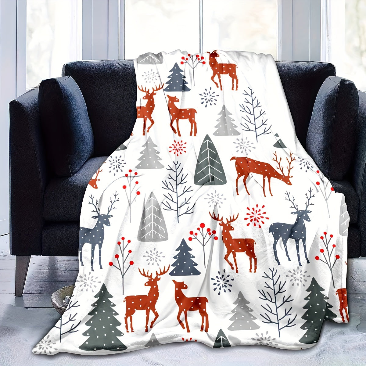 Christmas-Themed Deer Pattern Throw Blanket – Soft, Warm, and Cozy Blanket for Couch, Bed, Office, and Travel