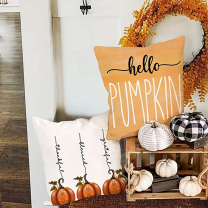 Farmhouse Fall Pillow Covers – "Hello Pumpkin" & "Happy Harvest" (Set of 4, 18x18 Inch)