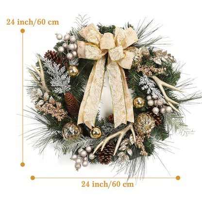 24-Inch Outdoor Christmas Wreath with Gold Ball Ornaments, Pine Cones, and Antlers - 8 Lighting Modes for Front Door Holiday Décor