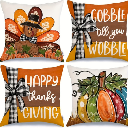 Thanksgiving Linen Blend Throw Pillow Covers – Set of 4, Turkey & Pumpkin Design (18x18 Inch)