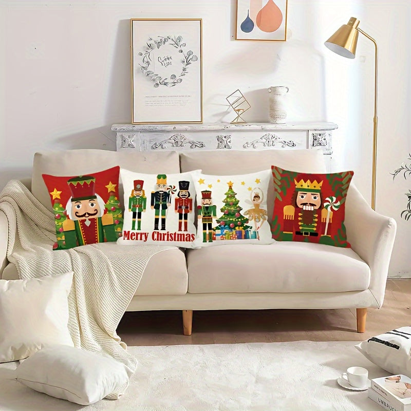 4-Piece Merry Christmas Cushion Cover Set – Festive Cartoon & Xmas Tree Designs for Indoor & Outdoor Decor