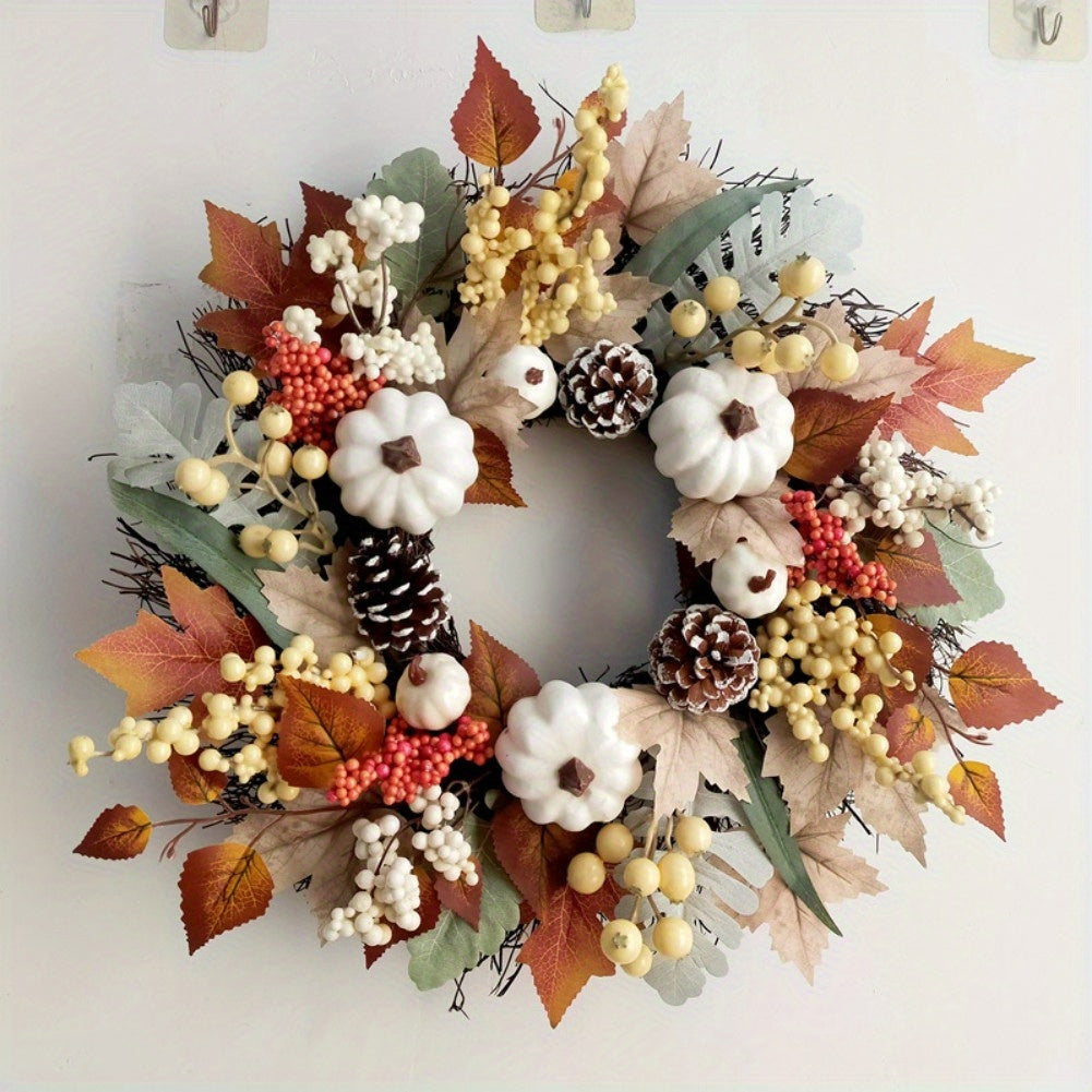 19in Fall Wreath with Pumpkins, Maple Leaves & Acorns - Thanksgiving & Halloween Décor