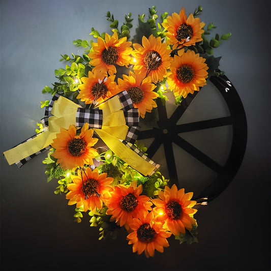 Autumn Sunflower Wreath with Wheel - Battery-Free Thanksgiving & Fall Décor