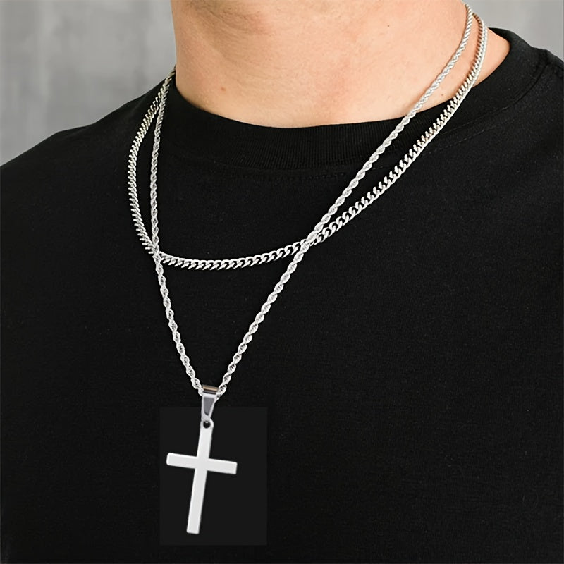 3-Piece Handmade Rope & Cross Pendant Necklace Set - Trendy Titanium Steel Gift for Brother with Gift Box