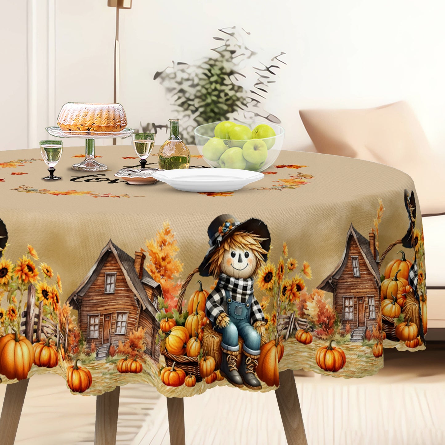 Charming Scarecrow Fall Harvest Tablecloth – Waterproof & Wrinkle-Free