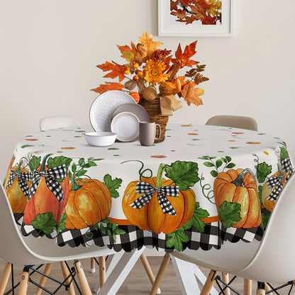 Autumn Harvest Thanksgiving Tablecloth with Buffalo Plaid & Pumpkin Design