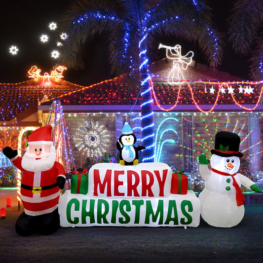 10ft Long Lighted Christmas Inflatable - Merry Christmas Sign with Santa, Snowman, and Penguin