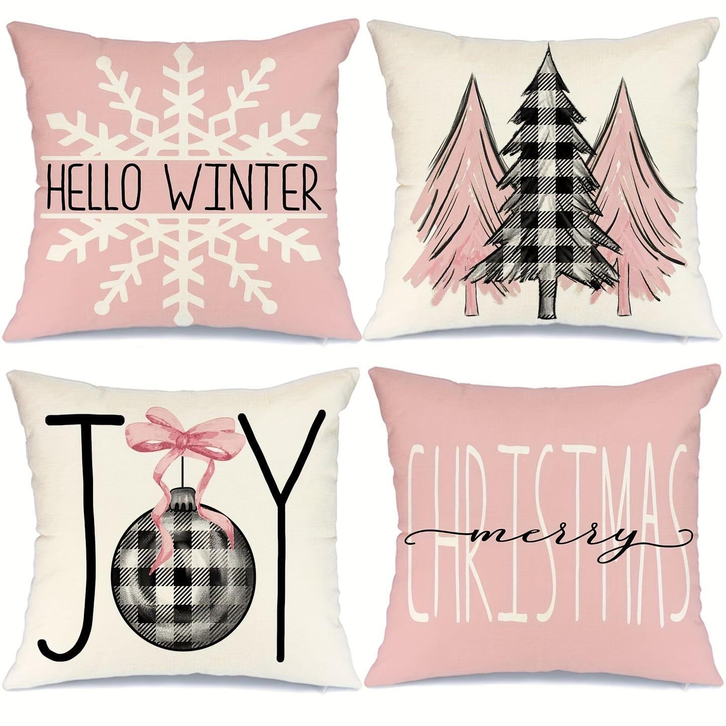 4-Piece Linen Blend Christmas Pillow Covers – Buffalo Plaid and Holiday Designs for Farmhouse Winter Decor