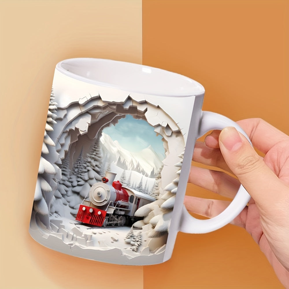 Christmas & Thanksgiving 3D Train Snow Scene Ceramic Coffee Mug, 11oz - Reusable, Machine Washable, Recyclable Material - Ideal for Juice, Milk, Holiday & Birthday Gifts