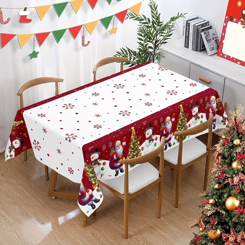 Festive Christmas Tablecloth - Santa, Snowman & Xmas Tree Design, 51x87 Disposable Plastic Cover for Holiday Dining & Décor