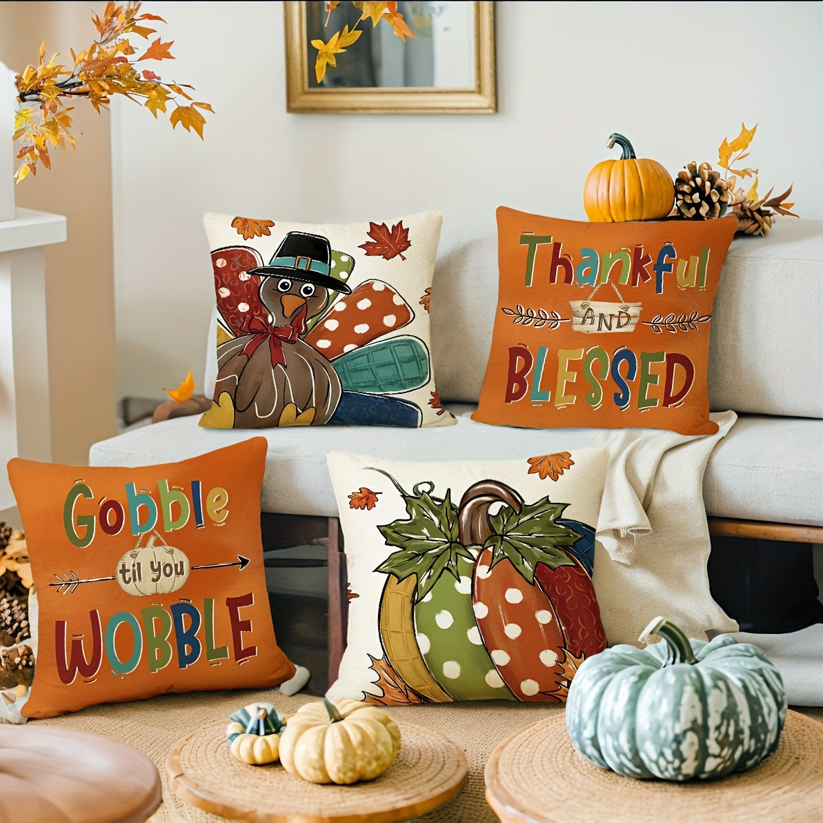 4PCS Thanksgiving Turkey & Pumpkin Throw Pillow Covers – Farmhouse Fall Decor (18x18”)