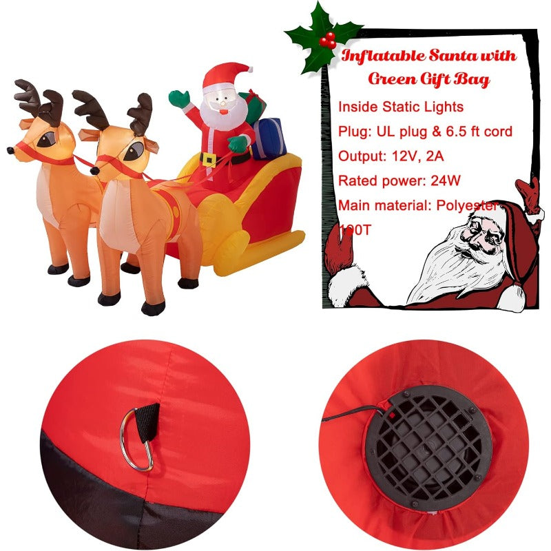 4.5x7ft LED Inflatable Santa and Reindeer Sleigh - Lighted Outdoor Christmas Decoration