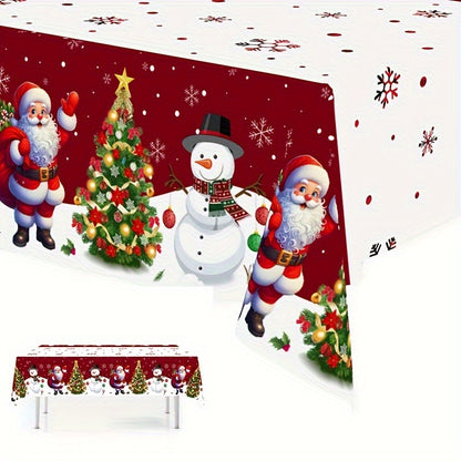 Festive Christmas Tablecloth - Santa, Snowman & Xmas Tree Design, 51x87 Disposable Plastic Cover for Holiday Dining & Décor