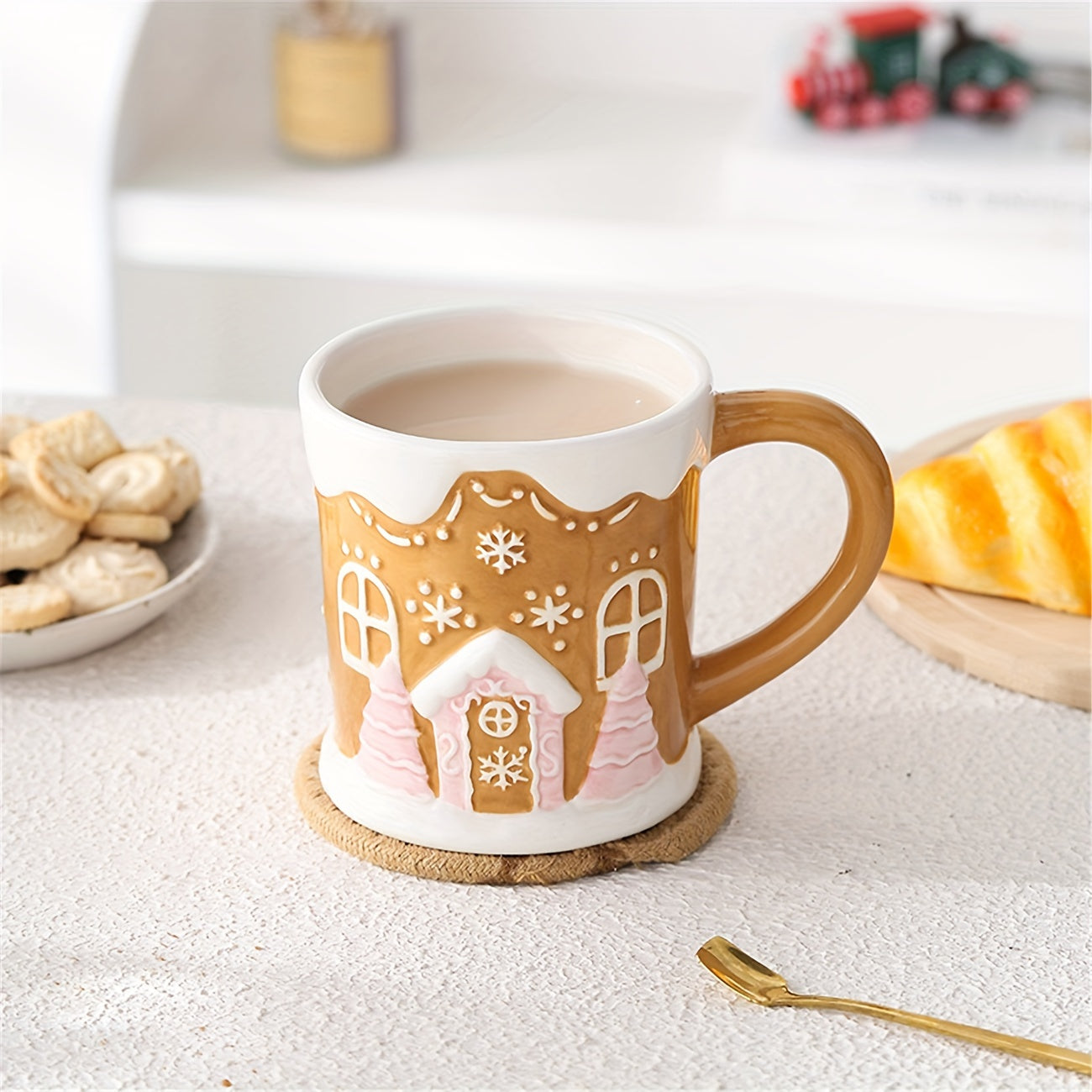 1pc Ceramic Christmas Mug - Cute Gingerbread House Design, Round Shape, Non-Slip, Reusable, Recyclable Material, for Coffee & Candy, Hand Wash Only, Perfect for Holiday Celebrations / Kitchen and Dining Use, Ideal for Christm