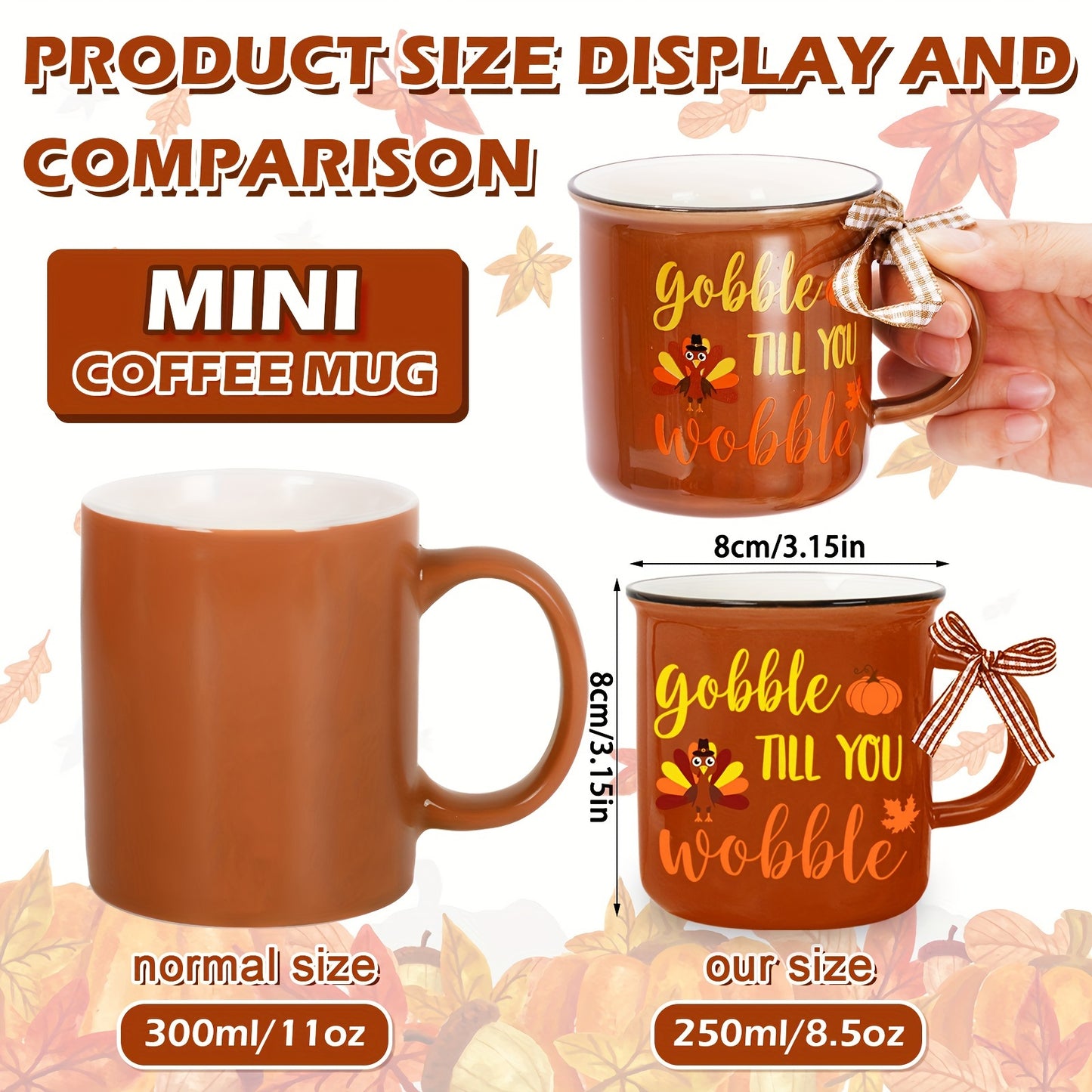 Autumn Harvest 6pcs Mini Coffee Mug Set – 8.5oz Reusable Ceramic Mugs with Pumpkin, Turkey & Maple Leaf Designs