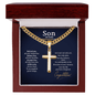 Artisan Cross with Cuban Chain gold necklace displayed in a wooden gift box with graduation message