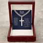 Artisan Cross with Cuban Chain silver necklace displayed in a wooden gift box for graduation