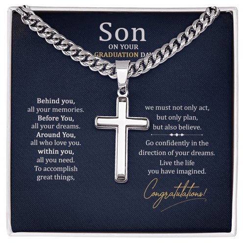 Artisan Cross with Cuban Chain necklace by Someone Said Gift displayed on a graduation message card