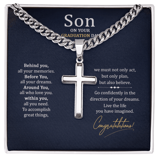 Artisan Cross with Cuban Chain necklace by Someone Said Gift displayed on a graduation message card