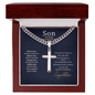Artisan Cross with Cuban Chain necklace in silver displayed in a wood gift box by Someone Said Gift