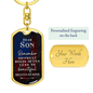 Gold dog tag keychain with American flag design and sentimental message gift for mom and son