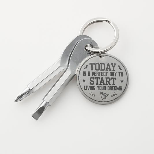 Gift for Son – “Start Living Your Dreams” Engraved Screwdriver Keychain Set