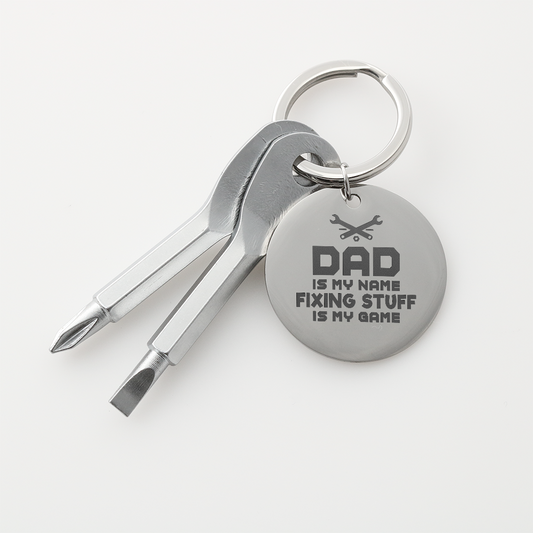 Gift for Dad – “Dad Is My Name, Fixing Is My Game” Engraved Screwdriver Keychain Set