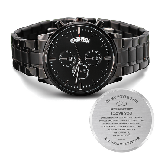 *The Boyfriend Black Chronograph Watch is the ultimate unique and luxury gift for your Boyfriend, perfect for Christmas, anniversaries, birthdays, Valentine's Day, or simply as a heartfelt "just because