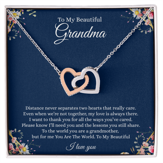 Gift for Grandmother "Distance never separates two hearts that really care..." Interlocking Hearts Necklace