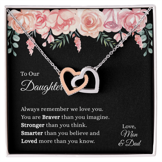 Gift for Daughter "We Love You, Mom and Dad" Interlocking Hearts Necklace
