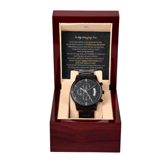 *The Son Black Chronograph Watch is the ultimate unique and luxury gift for your son, perfect for Christmas, anniversaries, birthdays, graduations, celebrating personal accomplishments, or simply as a heartfelt "just because" present from Dad.