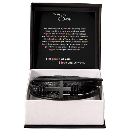 Gift for Son "You may outgrow my lap, but never my heart..." Men's Cross Bracelet