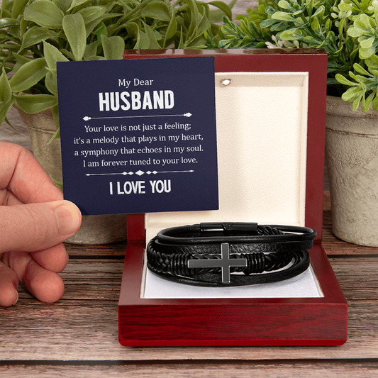 To My Husband – “Your Love Is My Heart’s Melody” Men’s Cross Leather Bracelet