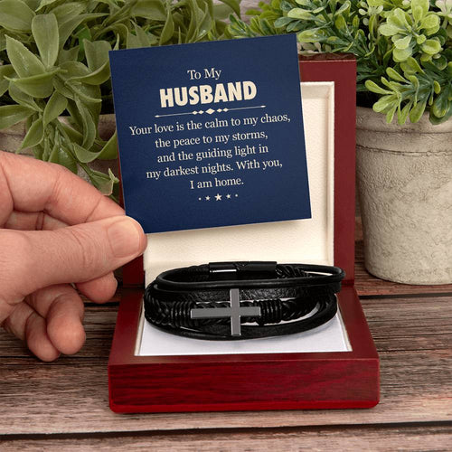 To My Husband – “Calm to My Chaos” Men’s Cross Leather Bracelet