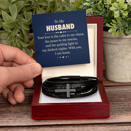 To My Husband – “Calm to My Chaos” Men’s Cross Leather Bracelet