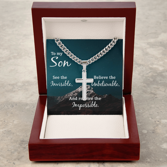 Gift for Son – “See the Invisible” Personalized Cross with Cuban Link Chain