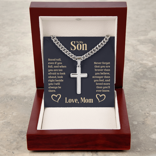Gift for Son – “Stand Tall Even If You Fall” Personalized Cross with Cuban Link Chain