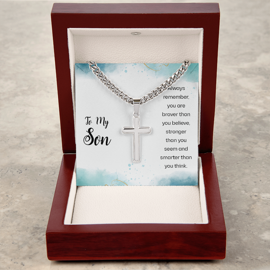 Gift for Son – “Always Remember You Are Braver” Personalized Cross with Cuban Link Chain