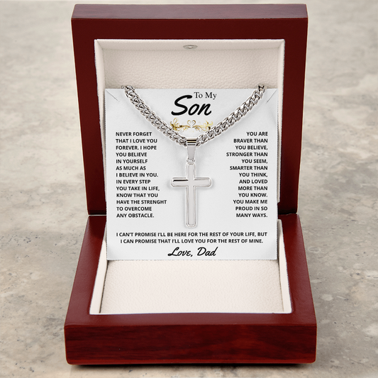 Gift for Son (from Dad) – “Never Forget That I Love You” Personalized Cross with Cuban Link Chain