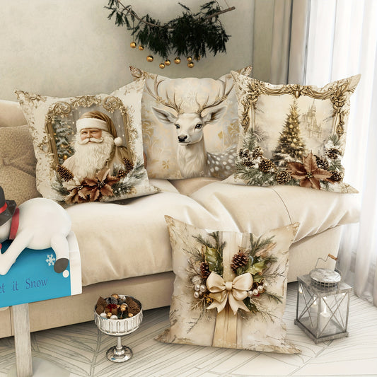 4-Piece Velvet Christmas Santa, Deer, Tree & Bow Throw Pillow Covers – Vintage Golden & White Soft Decorative Pillowcases for Winter Holiday Decor