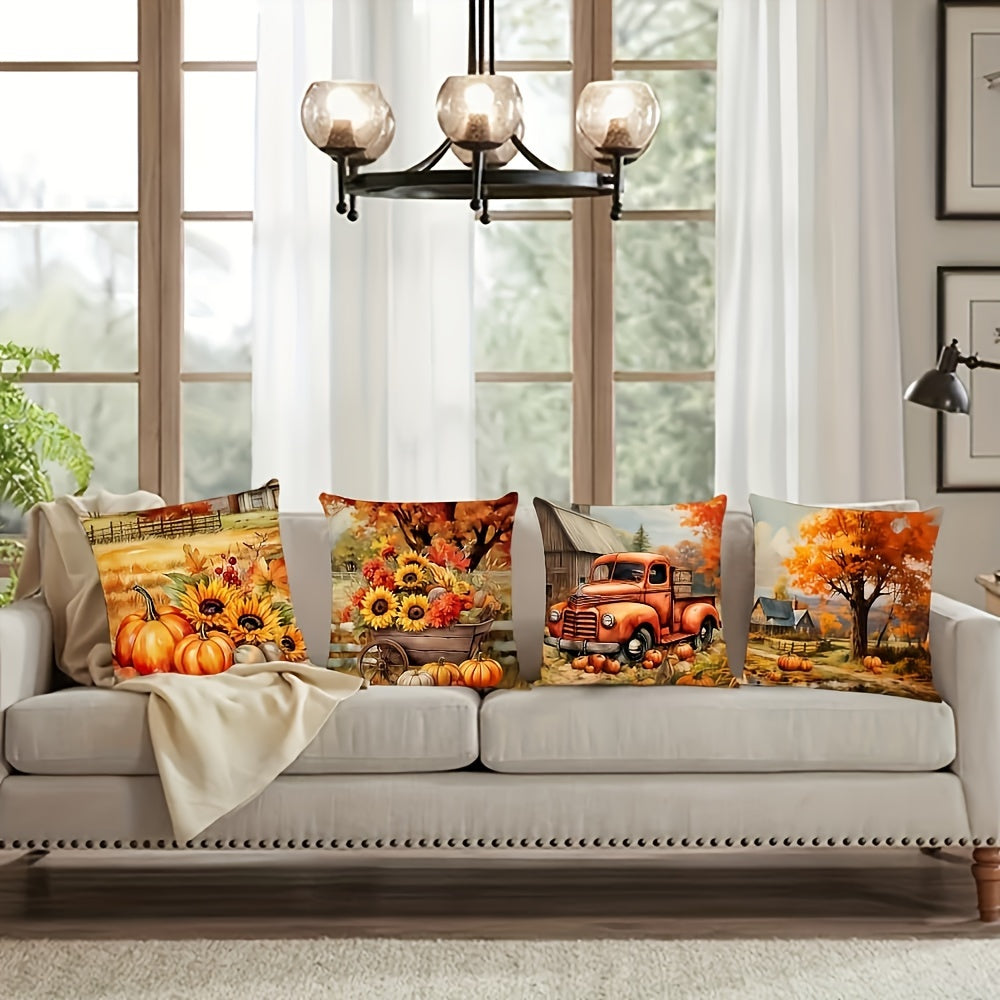 Autumn Harvest Thanksgiving Decorative Pillow Covers – Set of 4 Farmhouse Style