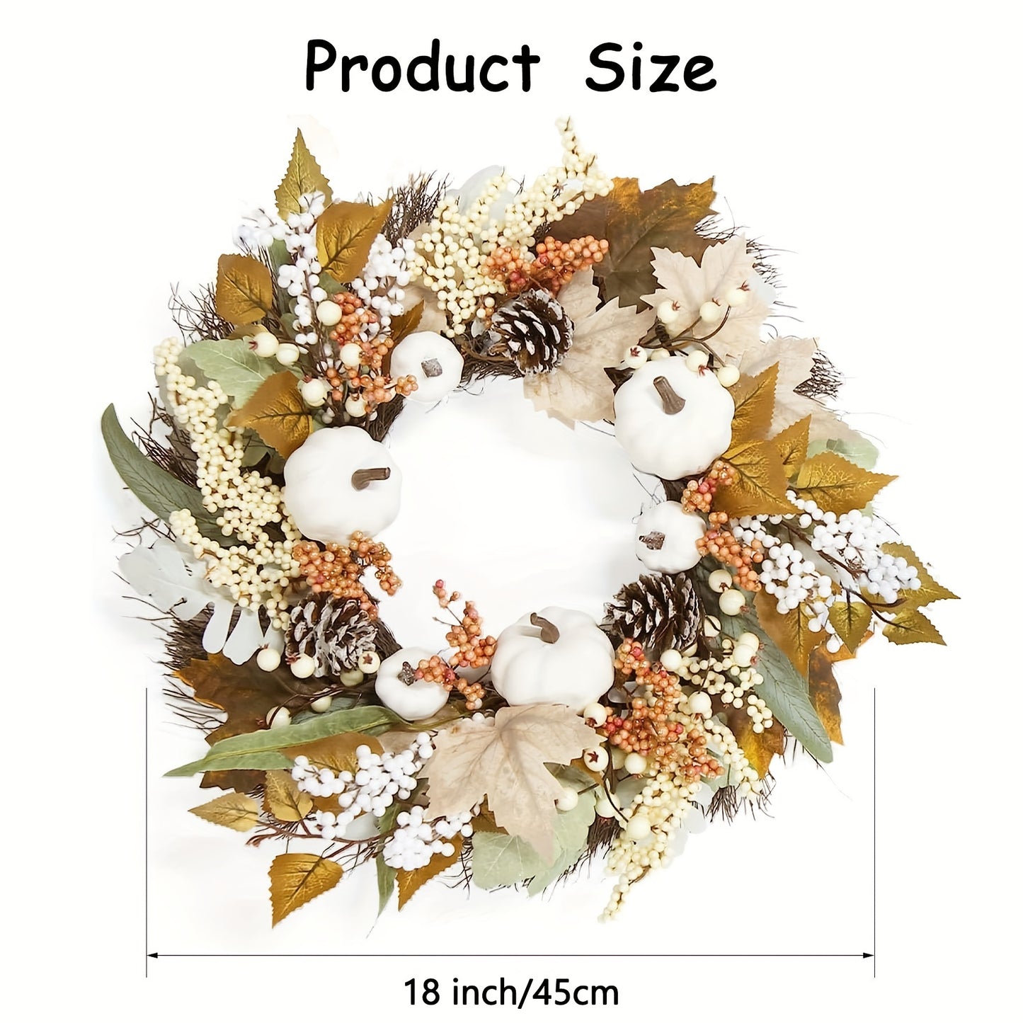 18 Inch Autumn Harvest Wreath with Pumpkins & Maple Leaves - Thanksgiving & Halloween Décor